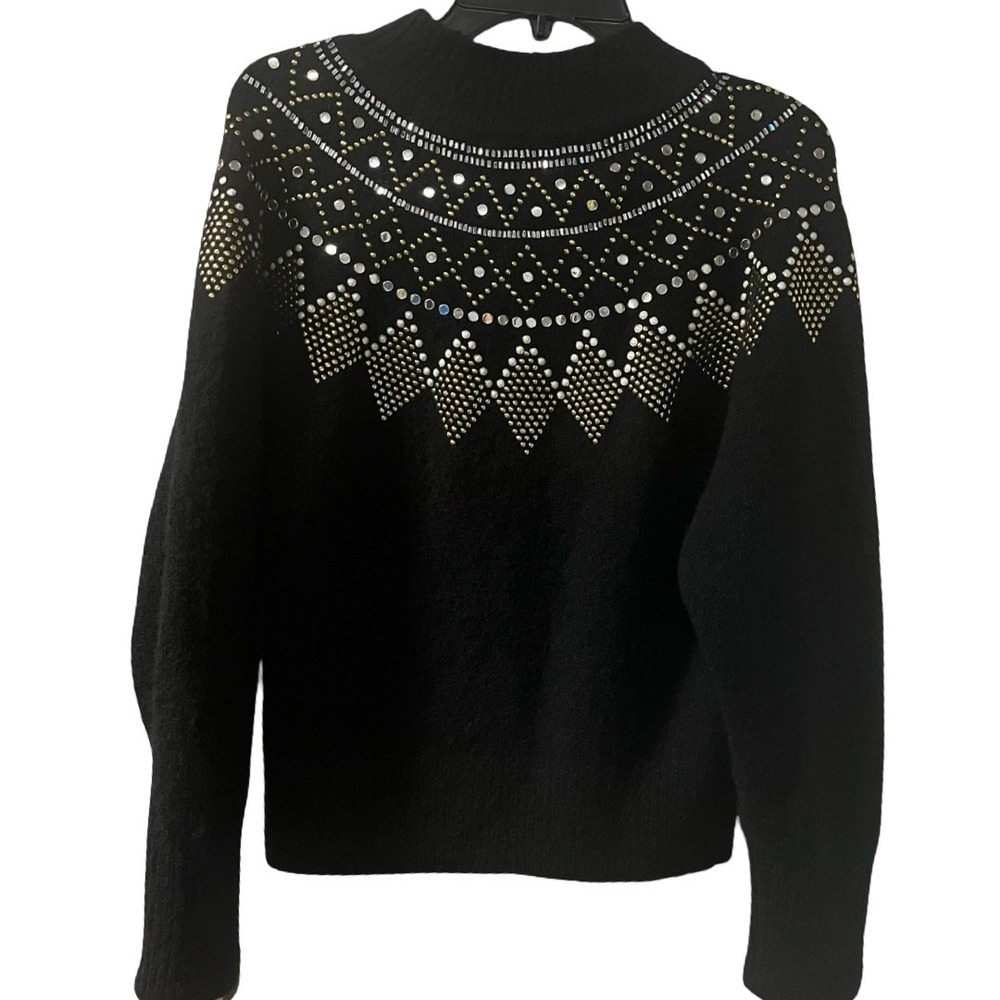 Sandro Paris Black Sweater Embellished Gold Silver Rhinestones Size 0 or‎ XS - Picture 10 of 11